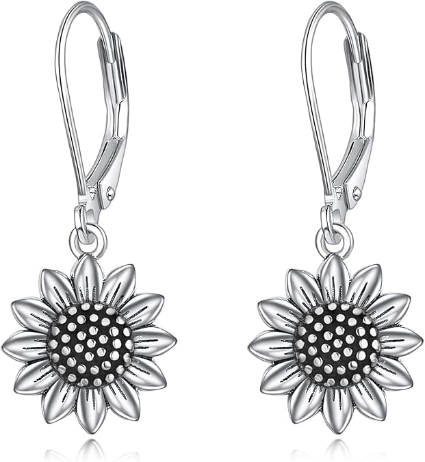 POPLYKE Antiqued Sunflower Leverback Dangle Earrings S925 Sterling Silver Sunflower Earrings for Women