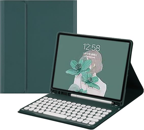 Keyboard Case for 9.7" iPad 5th/6th Generation, Air,Air2, iPad Pro 9.7 inch Case with Cute Round Key Detachable BT Color Keyboard Cover with Pencil Holder (Dark Green)