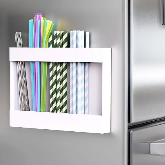 Magnetic Acrylic Straw Holder for Fridge - 5 Slot Sturdy Kitchen Organizer, Adhesive-Free Refrigerator Storage for Metal, Glass, Silicone Straws & Utensils (White-Magnetic Type-5C)