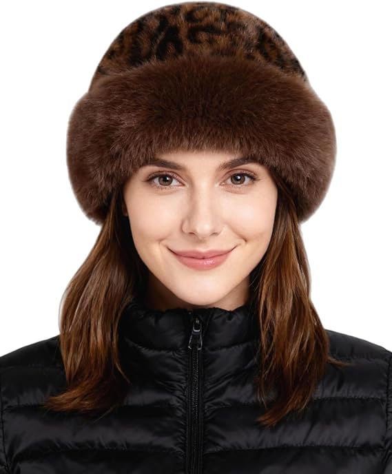 Cute Bear Ears Leopard Beanie Hats for Women Girls Faux Fur Russian Style Winter Bucket Hats Warm Snow Hat