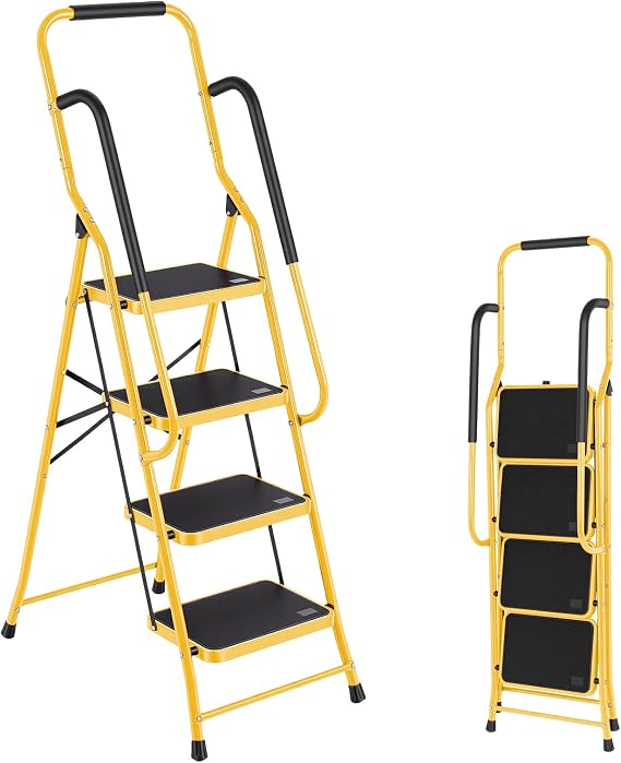 Step Ladder 4 Step Folding with Handrails, Folding Step Stool with Wide Anti-Slip Pedal, Sturdy Steel Portable Ladder, Lightweight Step Stool Foldable for Library Home Garage Office, Yellow