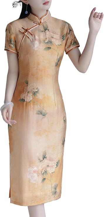 Women's Lyocell-Linen-Blend Chinese Traditional Painting Style Peony Print Qipao
