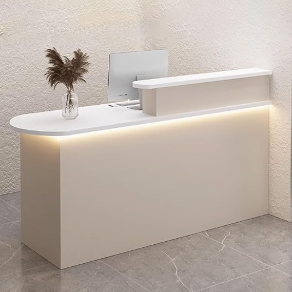 Modern Reception Desk with Storage | Stylish Office Counter Table with Soft Lighting | 0.8m Beige & White Front Desk for Lobby & Reception Area