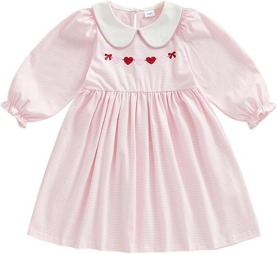 Toddler Girls Valentines Dress Cute Long Sleeve Striped Heart Embroidery Little Kids Holiday Dresses