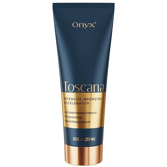 Onyx Toscana Bronzing Accelerator Lotion for Tanning Beds - DHA and Erythrulose Indoor Tanning Bed Bronzer - Dark Tan Bronzer with Tyrosine | Argan and Avocado Oil Body Lotion | 8.5 Fl Oz