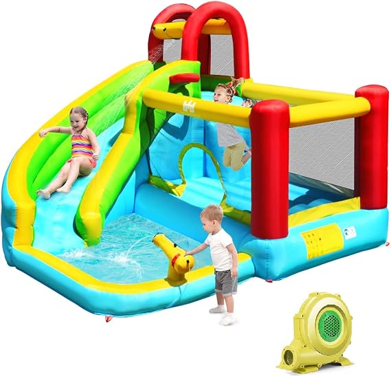 BOUNTECH Inflatable Water Slide Bounce House, 6 in 1 Kids Water Jump Castle Water Slides Inflatables with Splash Pool, Blower, Climbing Wall, Blow up Water Bounce House for Outdoor Backyard Gifts