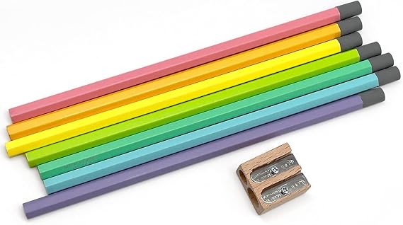 Camel HB Writing Set - Graphite Pencils and Hand Held Pencil Sharpener (Set of 7 Pastel Lacquer Finish)