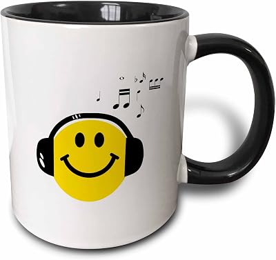 3dRose 3dRose Music loving yellow smiley face with black headphones and musical notes - happy dj - deejay - Two Tone Black Mug, 11oz , BlackWhite