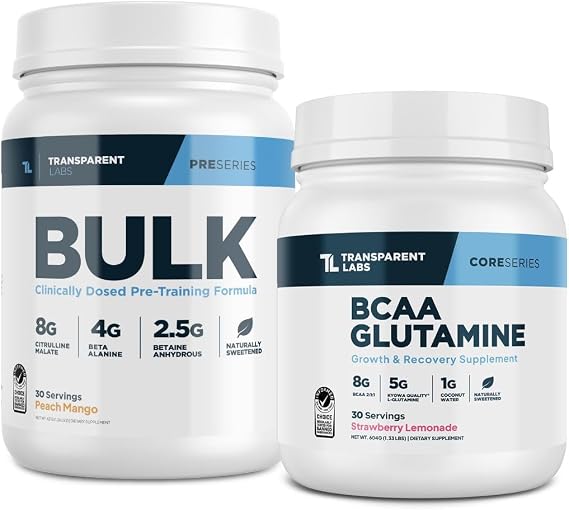 Transparent Labs Bulk Pre-Workout (30 Servings, Peach Mango) & BCAA Glutamine (30 Servings, Strawberry Lemonade)