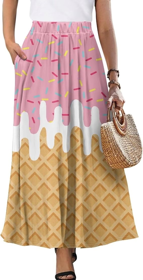 Maxi Skirts for Women Flowy Summer Skirts with Pockets Spring Skirt Pleated High Waisted Midi Long Skirt Plus Size S-XXL