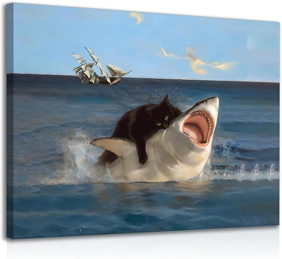 Dazzlewall Framed Funny Black Cat Bit Shark Wall Art Print Canvas, Cute Painting for Living Room Bedroom Bathroom Decor 12x16 in