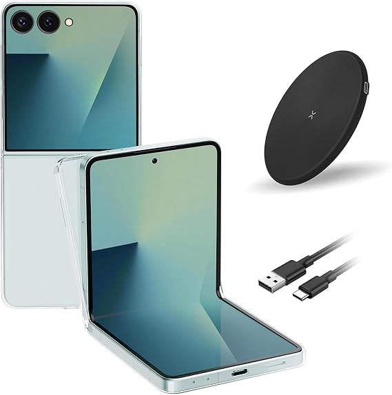 Samsung Galaxy Z Flip7 AI Cell Phones, 5G Foldable Unlocked Android, 256GB Smartphone with FlexCam, 6.9" AMOLED, Triple Camera, International Model 2025, Mint, Bundle Wireless Charger & Clear Case