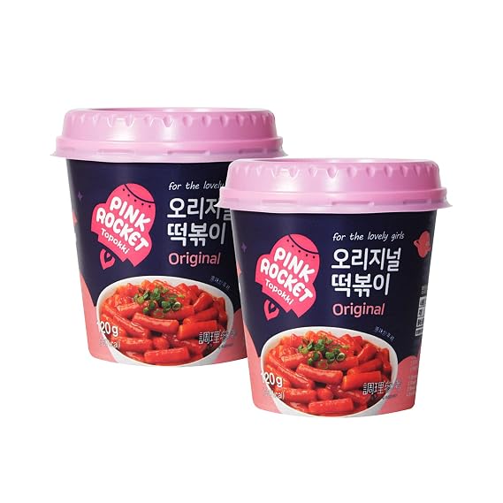 Pink Rocket Topokki, Korean Tteokbokki Rice Cake, Original Spicy, Pack of 2 Cups(120g), 2 Servings