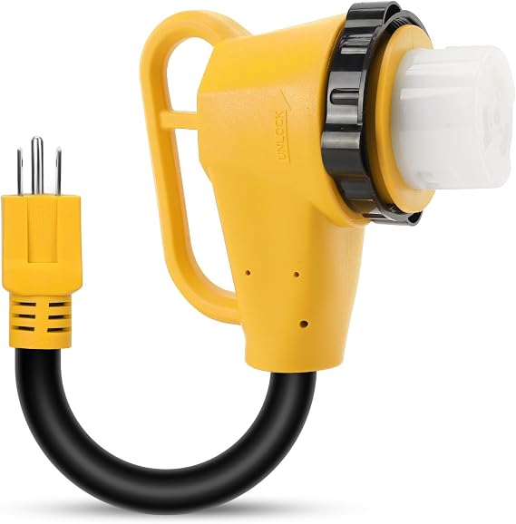 RV 50 Amp to 110 Adapter with Locking Connector | 50 Amp to 15 Amp RV Adapter, NEMA 5-15P to NEMA SS2-50R Electrical Power Adapter with Upgraded Grip Handle,