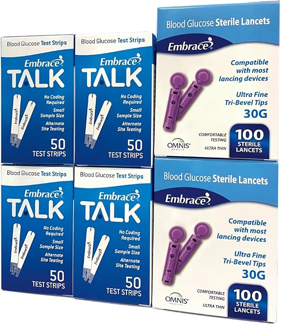 200 Embrace Talk Blood Glucose Test Strips Includes 200 30g Lancets