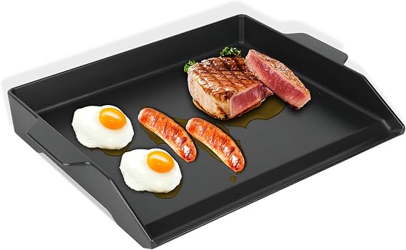 18.6"x14" Pre-Seasoned Cast Iron Griddle, Flat Top Grill Plate for Camping | 19.2lb heavy-duty cast iron griddle fits most grills/stoves; pre-seasoned nonstick; high sidewalls; side handles.