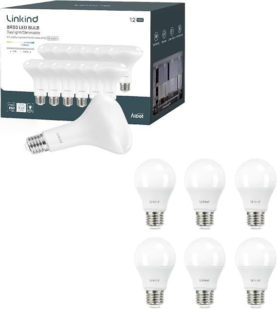 Linkind 75W Equivalent LED Light Bulbs Dimmable 6 Packs, 65W Equivalent BR30 LED Flood Light Bulbs Dimmable 6 Packs