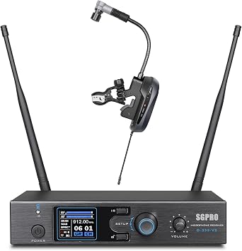 SGPRO Saxophone Wireless Microphone Professional Gooseneck Clip-on Mic with Preset EQ & ECHOs, 262 Ft Transmission and Rechargeable Transmitter, for Soprano, Tenor, Alto, and Baritone Saxophone