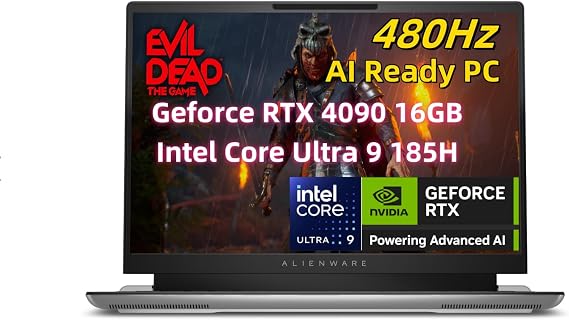 2024 NewDell Alien.Ware X16 R2 Gaming Laptop 16 inch FHD+ 480Hz 3ms, Intel Core Ultra 9 185H AI PC 32GB RAM 4TB SSD, Geforce RTX 4090 16GB, Thunderbolt Wifi7 lighting touchpad Windows 11 Lunar Silver