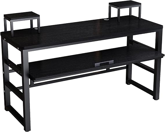 Music Studio Recording Desk with 1 Piano Keyboard Tray, Music Production Workstation, Home Office Furniture Wooden Table (Black Board + Black Frame, 63 inches)