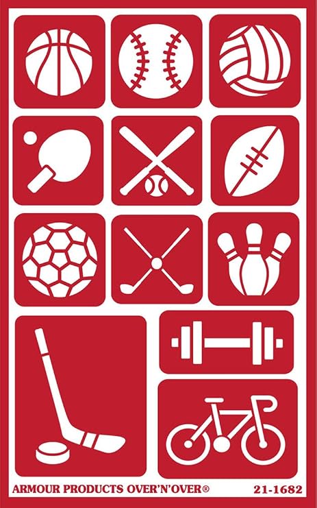 Over'N'Over Reusable Glass Etching Stencils Durable Self-Stick Designs for Glass, Mirrors, and Ceramics with Armour Etch Cream 5 x 8 Stencil Sheet - Sports