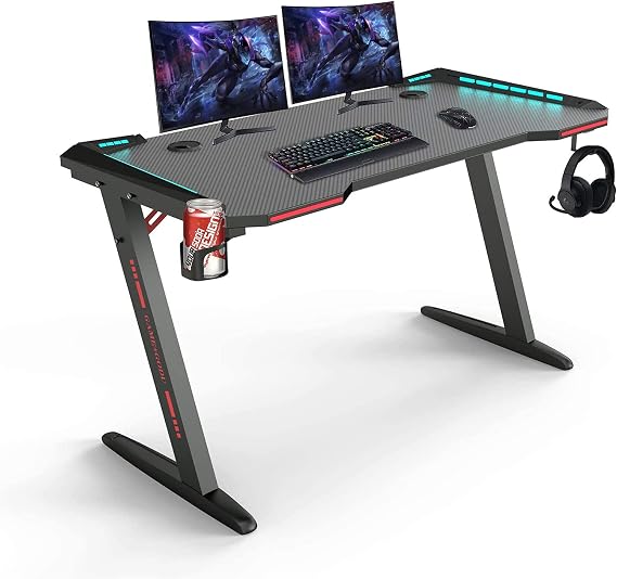 Gaming Desk, Z-Shaped Large PC Computer Gaming Desks Tables with RGB LED Lights for E-Sport Racing Gamer Pro Home Office (47INCH)