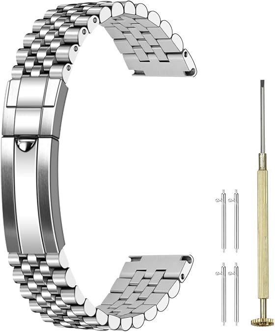 Juntan Screw-in Stainless Steel Watch Band 20mm 21mm 22mm for Men Women, Curved End Straight End Metal Watch Strap with Oyster Buckle, Taperd Replacement Jubilee Bracelet Silver Gold