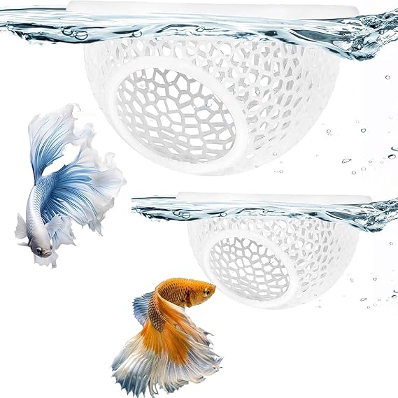 2 Pcs Aquarium Floating Betta Hide & Feeder,3D Printed Cave and Hammock,Safe Resting Spot for Betta Fish,Shrimp and Fish(White,S & L)
