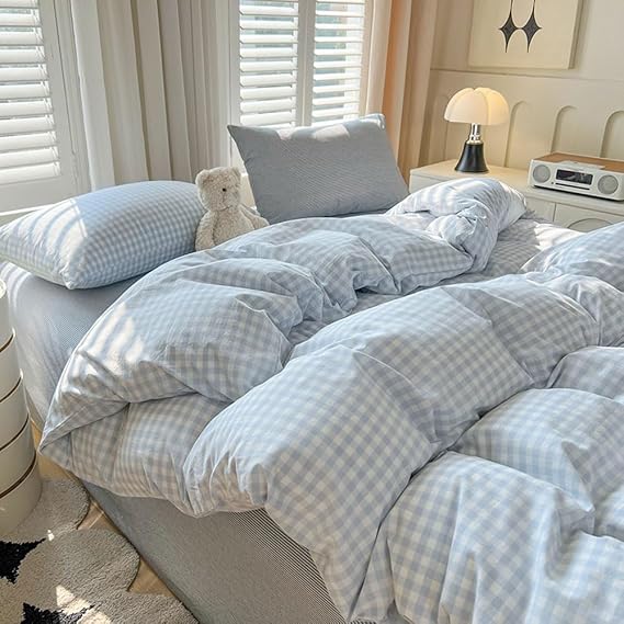 Nayoroom Gingham Duvet Cover Set King Blue White Plaid Checkered Bedding