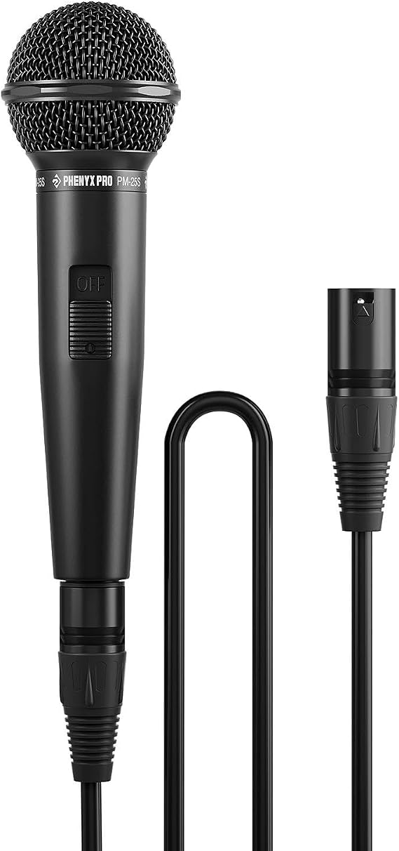Phenyx Pro Cardioid Dynamic Wired XLR Microphone with On/Off Switch PM-25S | 16.4 ft Cable, Mic Clip, Storage Bag, All-Metal Build, Built-In Foam Filter, Stage Vocals, Karaoke