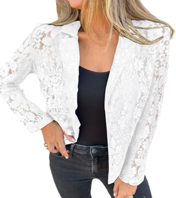Made of Continuous Lace Mesh, Floral Lace Mesh Lapel Neck Open Front Shirt Button Jacket for Women