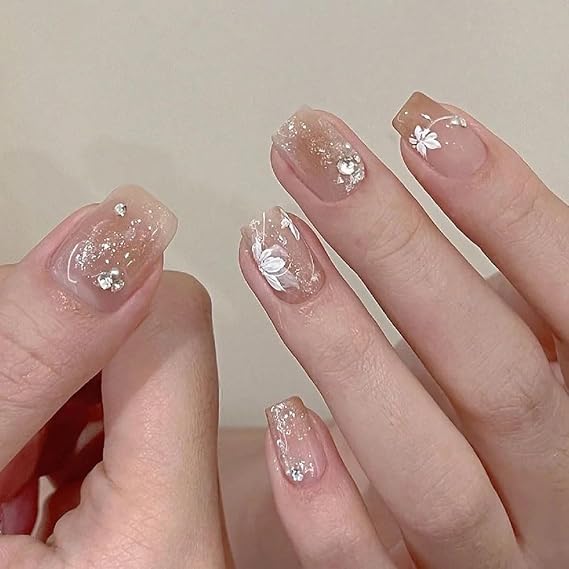 Press on Nails Short Square BAOYAALIN, Nude Fake Nails with Rhinestones Flower Design Gel Glue on Nails for Women Girls Full Cover Acrylic Artificial False Stick on Nail for Wedding 24Pcs in 12 Sizes