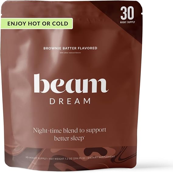 BEAM Dream Sleep Powder Magnesium Sleep Aid for Adults with Melatonin, L-Theanine, Reishi Mushroom & Apigenin, Sleep Supplement, Sleep Cocoa Hot Chocolate Drink Mix, Brownie Batter, 30 Servings
