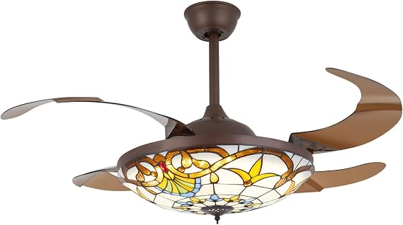 AngelcityCC 42" Tiffany Style Ceiling Fan with Light Indoor Retractable Blades LED Chandelier Fan 3 Color/3 Speed Classic Ceiling Fans Lighting Fixture with Remote Control Dining Living Room
