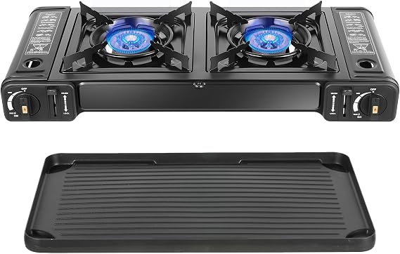 Double Burner Butane Stove, Butane Camping Stove Kit with Baking Pan and Carrying Case, Portable Camping Burner for RV, Apartments, Outdoor