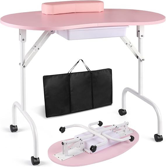 37 Inch Portable & Foldable Manicure Table, Nail Desk Workstation with Large Drawer, Client Wrist Pad, Controllable Wheels & Carrying Case, Professional Portable Nail Table (Pink)
