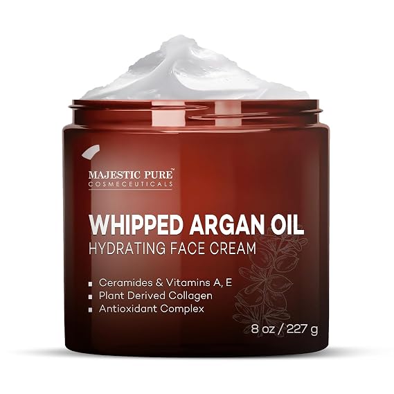 Majestic Pure Whipped Argan Oil Moisturizer Face Cream for Women & Men - With Vitamin E A, Collagen & Ceramides - Hydrates Dry Skin, Oily Skin, Reduces Appearance of Fine Lines 8oz