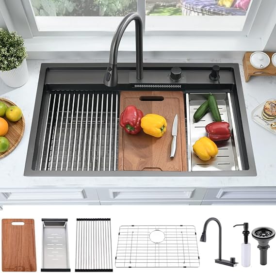 33 Inch Black Drop In Waterfall Kitchen Sink Workstation