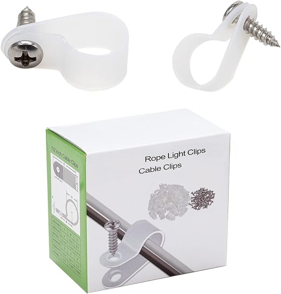 50 Pack 1/2'' P-Style Rope Light Clips with Stainless Steel Screw