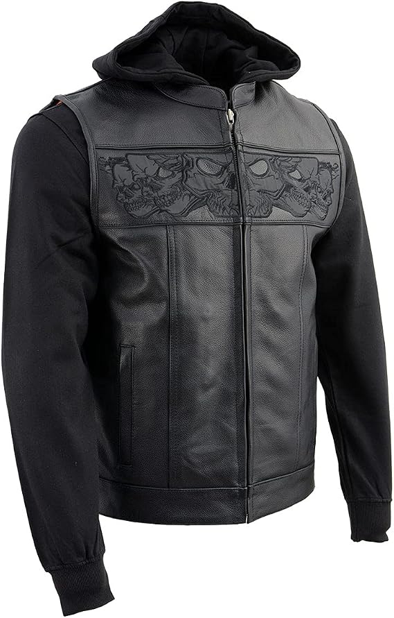 Milwaukee Leather MLM3563 Men's Leather Vest w/Removeable Hoodie - Black 2 in 1 Reflective Skulls Motorcycle Vest - Small