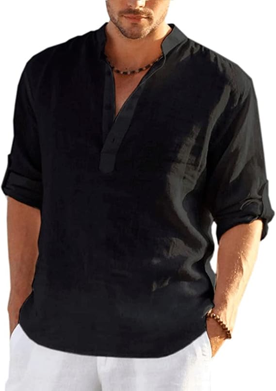 Men's Linen Henley Shirts Long Sleeve Summer Hippie Casual Beach Yoga T Shirts