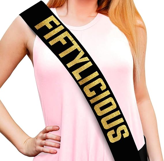 Fiftylicious Black and Gold Glitter Satin Sash - Funny 50th Birthday Sash for Him or Her - Party Decorations, Supplies and Gifts
