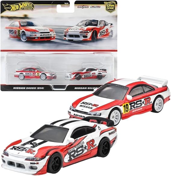 Hot Wheels HRR84 Premium 2-Pack Nissan 240SX (S14) & Nissan Silvia (S15), Mini Car, Toy, for Ages 3 and Up, White/Red