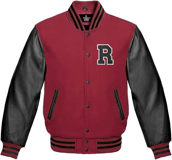 Men's Varsity Baseball Letterman Bomber Maroon Wool & Black Genuine Leather Sleeves R Logo Jacket
