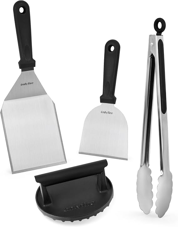 onlyfire 4PCS Multifunctional Barbecue Tool Kit for Blackstone | Grill Utensils for Outdoor Camping, Professional Griddle Set Including Cast Iron Grill Press, Grade Spatulas, Grill Tong