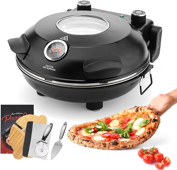 Electric-Pizza-Oven-Indoor, 12 Inches Countertop Cooker,800F Electric Pizza Maker with Timer, Ceramic Stone, Viewing Window, Complete Accessory Kit, Black
