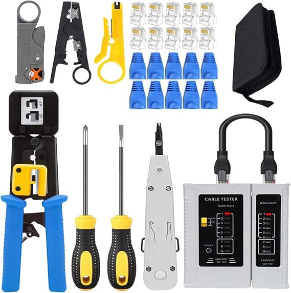 LETB Network Tool Kit Set, Cable Tester Repair Tools Wire Stripping Cutter, Coax Crimper Plug Crimping, Punch Down RJ11 RJ45 Cat5 Cat6 Wire Data Detector Stripper, (A)