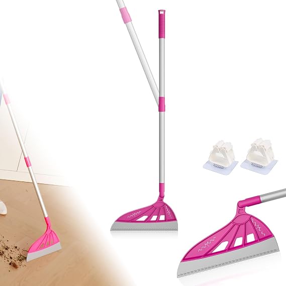Magic Broom Household Silicone Broom, Multifunction Floor Squeegee with 2 Heads - Brush and Scrape, Magic Broom Sweeper with Extra-Long Adjustable Aluminum Handle for Floor, Glass, Tile (Bright Pink)