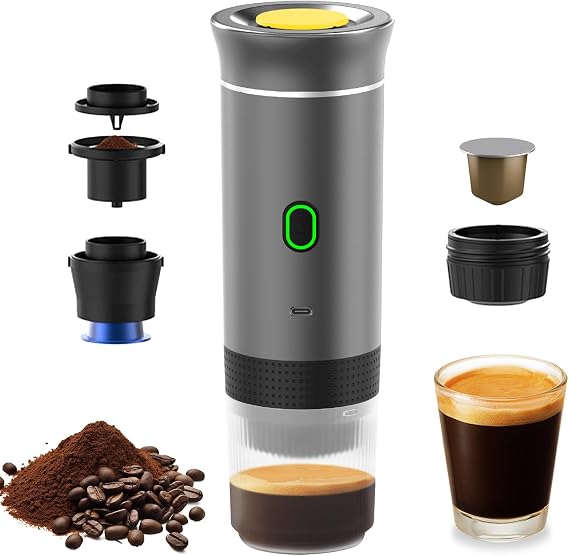 Portable Coffee Machine, 3 in 1 Cordless Electric Coffee Maker, Work with Capsule and Ground Coffee, Cold Brew and Heating Coffee Maker with 150ml Cup