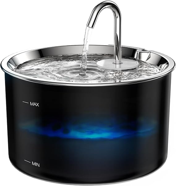 Vividorama 3L/101 oz Cat Water Fountain, Stainless Steel Lid, Quiet Pump | Corded Pet Fountain and Dog Waterer with 4-Layer Filtration, Designed for Cats and Dogs